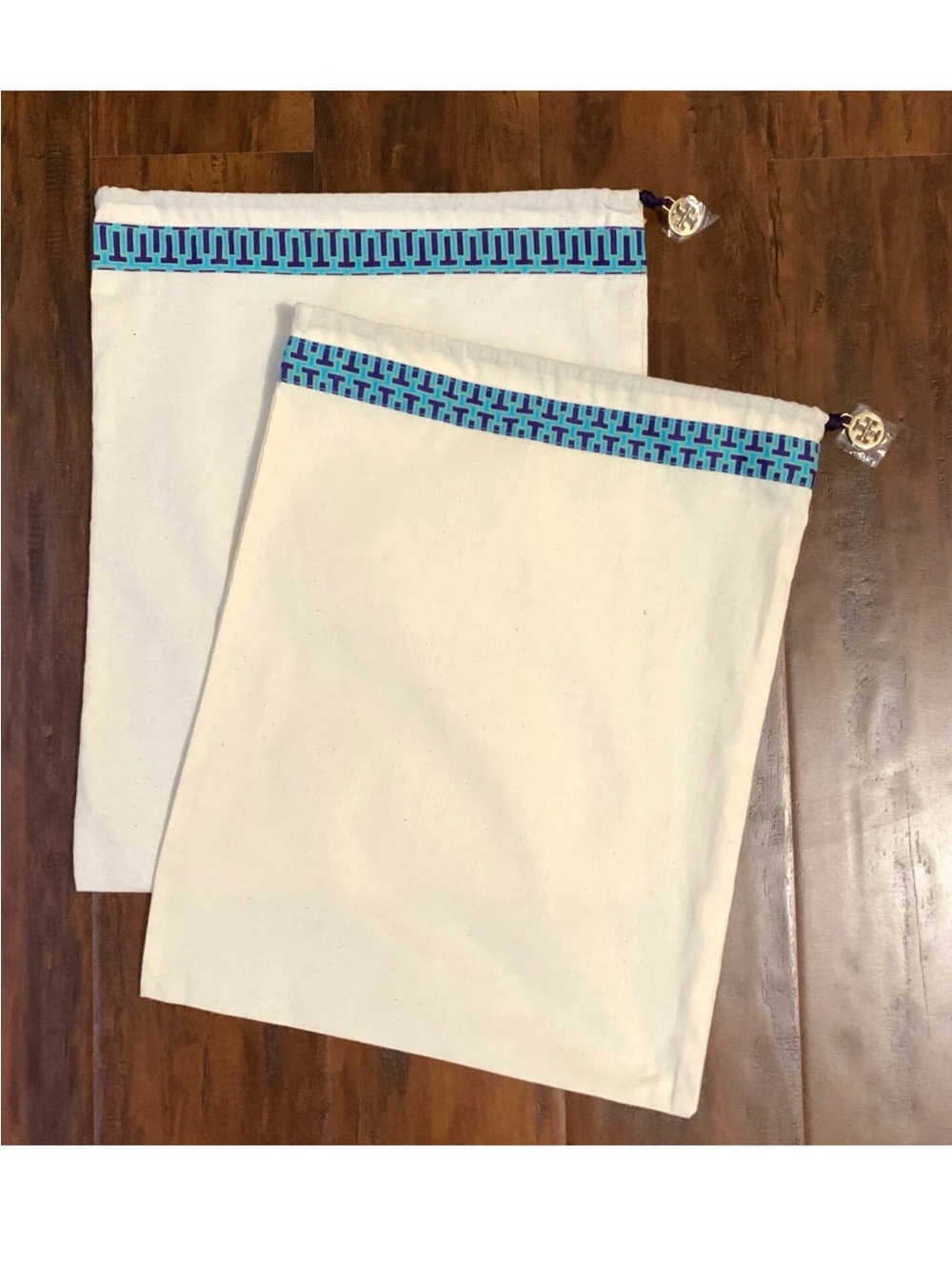 Tory Burch Canvas Drawstring Storage Bags with Blue Geometric Trim - Set of 2